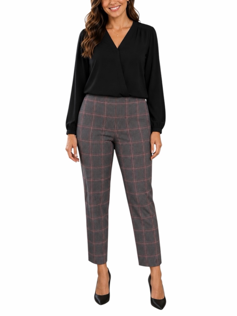 Terra & Sky Plaid Pants 2X Stretch Pull On Ankle Black Gray Pink Workwear Office